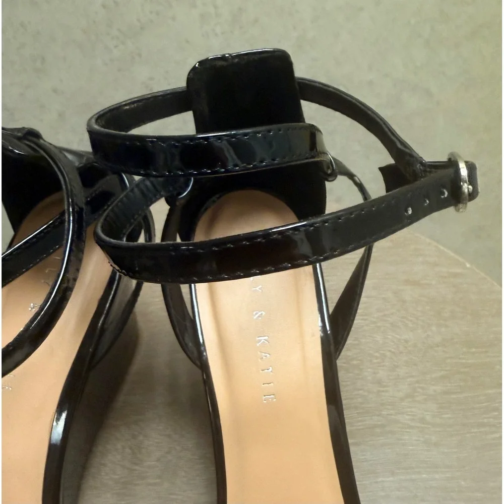Kelly & Katie 10 Womens Black Classic Patent Wedge Double Ankle Strap Sandal